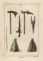 Armi asiatiche: ascia da battaglia 1, pugnale 2, ascia da battaglia Rohilla 3, cresse o kris indiano 3, e fiaschetta da polvere orientale 5,6
