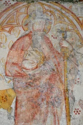 Avy, Chiesa di Notre Dame. Affresco del XIV secolo (Vergine e Bambino circondati, adorazione da parte dei pellegrini accompagnati dai loro Santi Patroni)