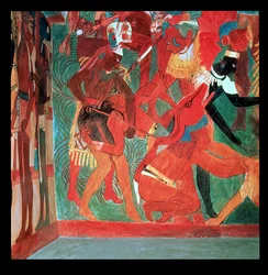Scena di battaglia raffigurata nella stanza 2 del Tempio Dipinto a Bonampak, Maya, Periodo Tardo Classico, c.800