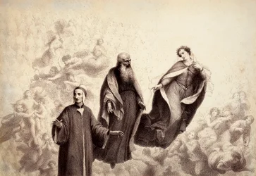 Beatrice si allontana da Dante, e al suo fianco appare San Bernardo. Illustrazione del Canto XXXI del Paradiso della Divina Commedia di Dante Alighieri. Opera di Francesco Scaramuzza dedicata al Comune di Firenze.