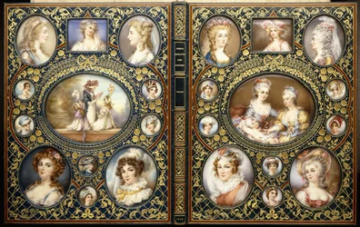 Rilegatura con ventiquattro miniature di ritratti, dal libro "Costumi caratteristici francesi" di Richard Brinsley Peake, 1816