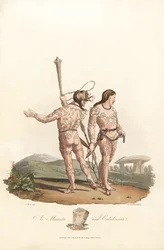 Antichità britannica (periodo pre-romano, prima del I secolo): Catini e abitanti caledoniani (Scozia) delle pianure e delle foreste settentrionali della Gran Bretagna, con tatuaggi - Incisione di Robert Havell (1793-1878) da un