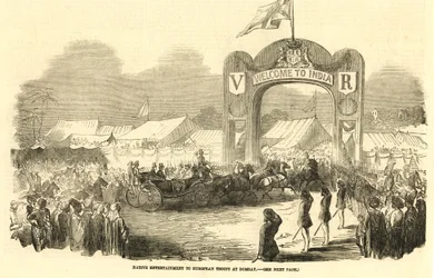 Britannici che guidano una carrozza a cavalli a Bombay, c1800 (illustrazione)