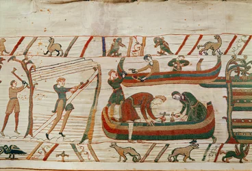 Costruzione di navi sotto gli ordini del Duca Guglielmo, Arazzo di Bayeux