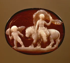 Cammeo di Venere seduta su un leone guidato da Cupido
