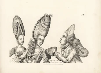 Caricatura delle mode della fine del XVIII secolo: donne con parrucche alte con giardino di fiori nel seno, e maccheroni con parrucca alta con massa di capelli stravagante legata dietro. Incisione su rame dopo un