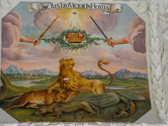 Affresco sul soffitto nella navata della Chiesa di Santa Caterina, raffigurazioni allegoriche delle vittorie dell