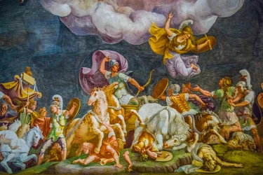 Dipinto sul soffitto nel Palazzo Ducale, Palazzo Reale, Castello San Giorgio, Mantova, Lombardia, Italia, Europa