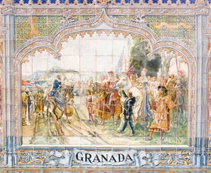 Piastrelle di ceramica nella Plaza de España raffiguranti il re Boabdil