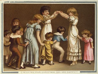 Bambini che giocano Arance e Limoni, cartolina di Natale e Capodanno vittoriana