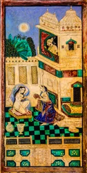Cortile Chittra Shala con dipinti virtuosi, Forte Taragarh, Bundi, Rajasthan, India, Asia