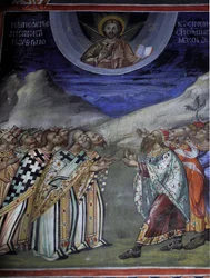 Cristo in gloria che controlla le forze temporali e spirituali Affresco bizantino del monastero di Agios Ioannis Lampadistis, San Giovanni Lampadistis XI secolo Cipro Chiese dipinte Sito UNESCO Troodos, Cipro