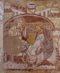 Chiesa (Église Saint-Martin). Interno. Affreschi. Parete nord del coro. (dettaglio) Lavanda dei piedi. XII secolo.