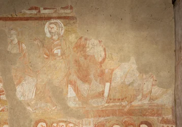 Chiesa (Église Saint-Martin). Interno. Affreschi. Parete ovest della navata. Dettaglio. Apostoli. XII secolo.