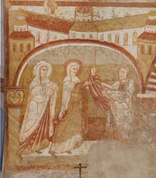 Chiesa (Église Saint-Martin). Interno. Affreschi. Parete ovest della navata. (dettaglio) Presentazione al tempio. XII secolo.