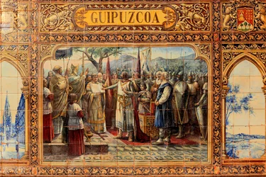 Città di Siviglia, alla Plaza de España, ornamenti in piastrelle