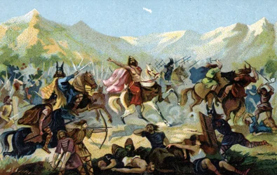 Clodoveo I (466-511), re dei Franchi, durante la battaglia di Tolbiac nel 496 contro la tribù germanica degli Alamanni, promise di convertirsi in caso di vittoria. Fine del XIX secolo (cromolitografia)