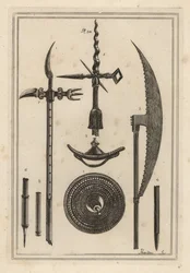 Rondella concava 1,2, ascia da battaglia 3,4, ascia da palo 5,6, e curiosa arma antica usata dagli inglesi contro gli scozzesi 7,8