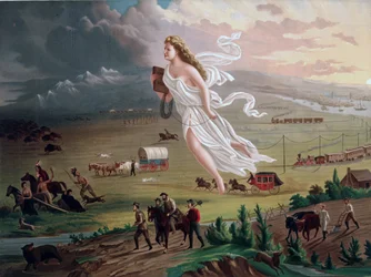 Concetto di Destino Manifesto: figura allegorica femminile che porta il filo del telegrafo elettrico, guida i pionieri americani e le ferrovie verso ovest, gli indiani d