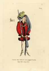 Costume di re Riccardo II, con corta tunica ampia bordata di pelliccia, stretta ai fianchi da una cintura, scarpe a punta, copricapo ad anello con lunga coda e corona di stoffa tagliata a forma di foglie