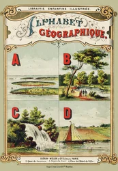 Copertina : A : arcipelago, B : Bois de Boulogne, C : cascata, D : diga - Gravura tratta da Alfabeto geografico. Guerin-Muller et Cie, editori, Parigi