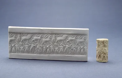 Sigillo cilindrico, mostrato con impressione in gesso, Mesopotamico, Sumero (Dinastico Antico III), c.2500 a.C.