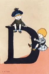 D come due, scendere - Alfabeto bambini. C. M. editore, Parigi. Cartoline dipinte a mano, affrancate nel 1904. Dimensioni: 14 x 9 cm