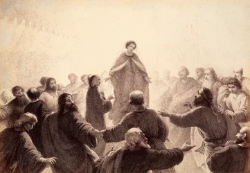 Dante e Beatrice sono circondati dagli spiriti dei Saggi che cantano e danzano intorno a loro. Illustrazione del Canto XIV del Paradiso della Divina Commedia di Dante Alighieri. Opera di Francesco Scaramuzza dedicata al Comune di Firenze