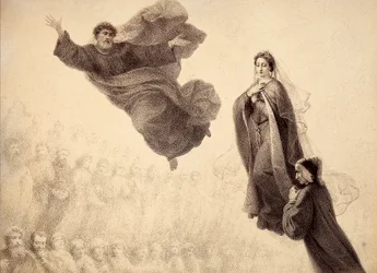 Dante e Beatrice incontrano San Pietro. Illustrazione del Canto XXIV del Paradiso della Divina Commedia di Dante Alighieri. Opera di Francesco Scaramuzza dedicata al Comune di Firenze.