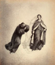 Dante si copre il volto con le mani, sopraffatto dallo sguardo di Beatrice, pieno di amore divino. Illustrazione del Canto IV del Paradiso della Divina Commedia di Dante Alighieri. Opera di Francesco Scaramuzza dedicata al Comune di Firenze.