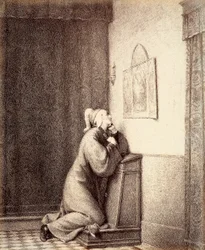 Dante in ginocchio in preghiera, con lo sguardo rivolto a un trittico.