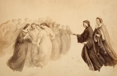 Dante insieme a Beatrice e agli spiriti beati. Illustrazione del Canto XXXIII del Paradiso della Divina Commedia di Dante Alighieri. Opera di Francesco Scaramuzza dedicata al Comune di Firenze.