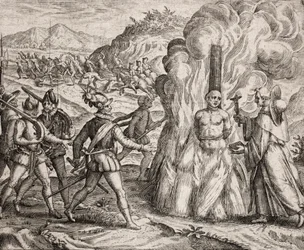 Descrizione dei crimini inflitti agli indiani dai coloni spagnoli - Conquistadores che bruciano sul rogo un indiano che si rifiutava di convertirsi alla fede cattolica. Religiosi dell