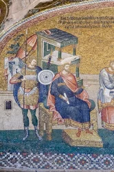 Dettaglio del governatore Quirino nella scena del censimento, Chiesa di Chora, Istanbul, Turchia