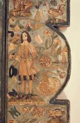 Dettaglio di intarsio di paglia da una cornice di specchio c.1670