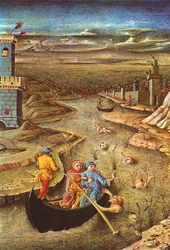 Divina Commedia: Dante e Virgilio, trasportati da Caronte, incontrano il dannato Filippo Argenti (miniatura)
