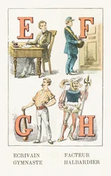 E - Scrittore; F - Fattorino; G - Ginnasta; H - Alabardiere - Alfabeto Infantile, Edizioni Gordinne 1920 (incisione)