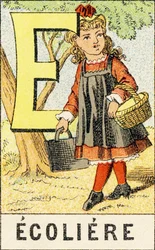 E : Scolara - Incisione tratta da ABCD delle bambine. Pellerin & Cie, stampatore-editore, Épinal, circa 1890. Serie A. Dimensioni: 19 x 13,5 cm.