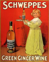 Manifesto pubblicitario inglese per le bevande analcoliche "Schweppes Green Ginger Wine"
