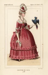 Donna inglese in costume da corte con pappagallo