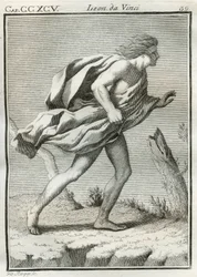 Studio di un uomo che cammina contro il vento, con le vesti e i capelli scompigliati dalle folate e il corpo sbilanciato in avanti. Incisione da 