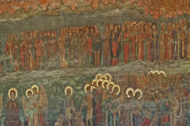 Europa, ROMANIA, Bucarest, Cattedrale Ortodossa Patriarcale (1656), affresco murale accanto all