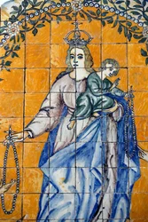 Museo di Évora. Azulejos. San Domenico riceve il Rosario dalla Vergine. Portogallo.