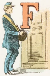 F - Postino - incisione in: Alfabeto infantile. Edizioni Gordinne, verso il 1920. Dimensioni: 16,3 x 10 cm.