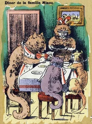 Cena di famiglia miagolio. Alfabeto illustrato. Immagini riunite a Jarville-Nancy, inizio del XX secolo.