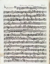 Prima pagina dello spartito musicale per violino nella Sinfonia n. 2 di J Haydn