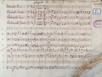 Prima pagina dello spartito per quattro violoncelli della Sinfonia n. 7 in La maggiore, op. 92, di Ludwig van Beethoven