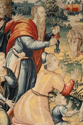 Arazzo fiammingo. Serie La Storia di Annibale. Annibale in Italia. Terzo arazzo di quelli conservati. Modelli Maestro anonimo dei Paesi Bassi. Manifattura laboratori di Bruxelles. Ca 1570. Tessuto lana e seta. 6,5/7 trame per cm