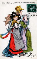 La Francia che consegna i suoi figli (Alsazia e Mosella, Lorena), cartolina di Fercham
