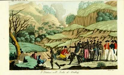 Esploratori francesi che disegnano i nativi sull